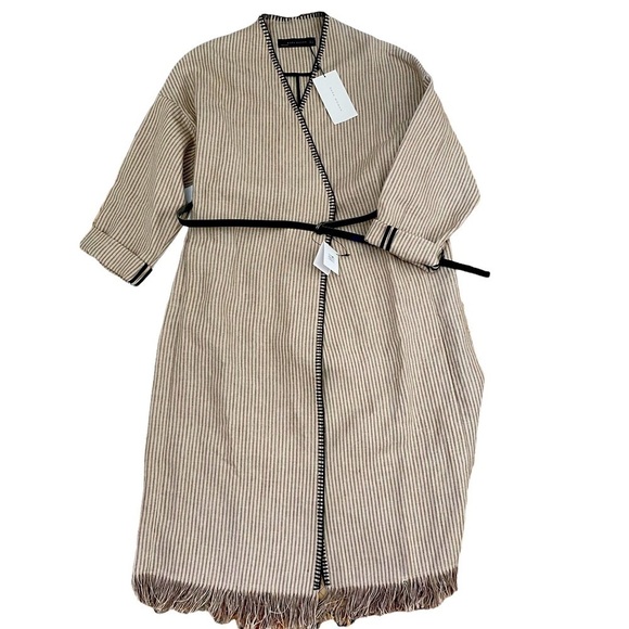 Zara Woman Stripe Wrap Dress Coat Sz Med Belted Linen Fringe Hem Roll Up Sleeves - Picture 3 of 14